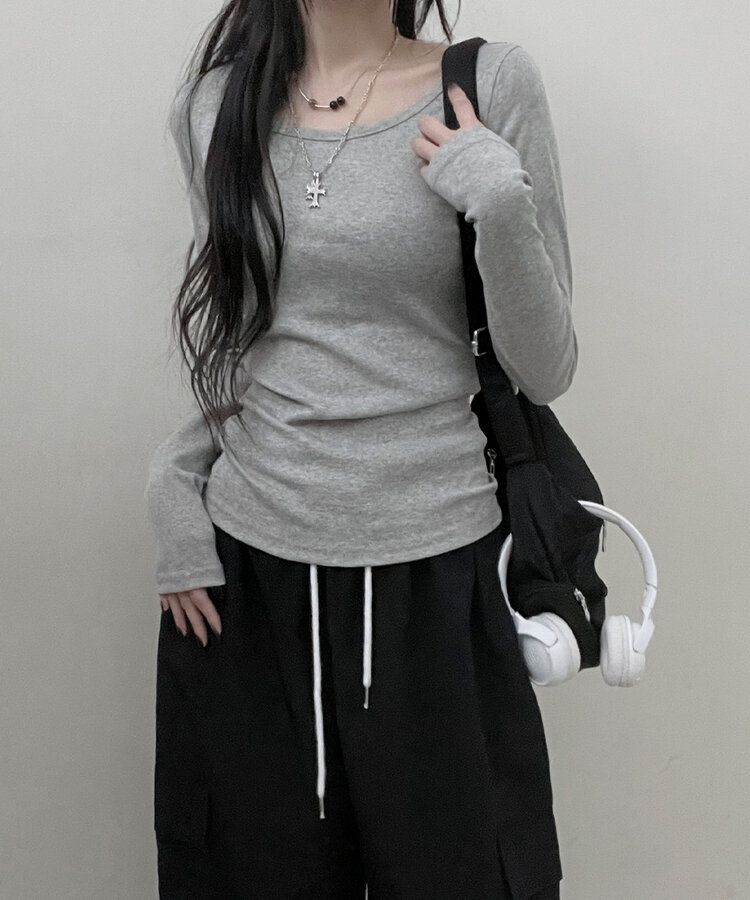 Uネックスリムフィット長袖Tシャツ12色 GRAY