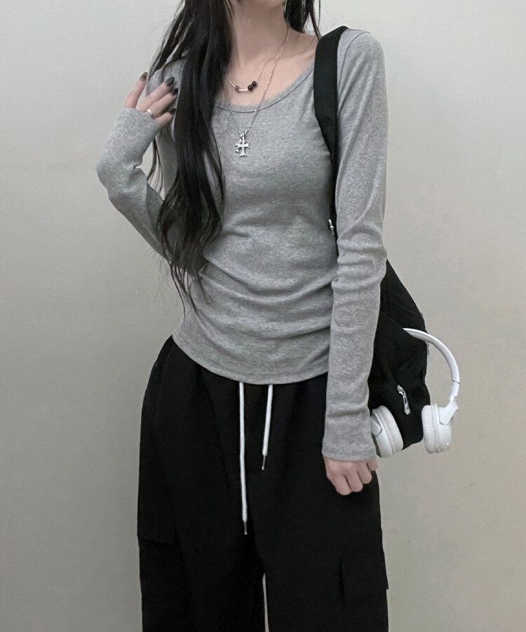 Uネックスリムフィット長袖Tシャツ12色 GRAY