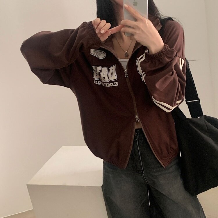 필드 라인 배색 투웨이 카라 레터링 집업점퍼 4color 브라운