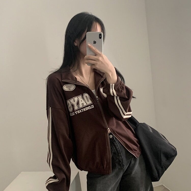 필드 라인 배색 투웨이 카라 레터링 집업점퍼 4color 브라운