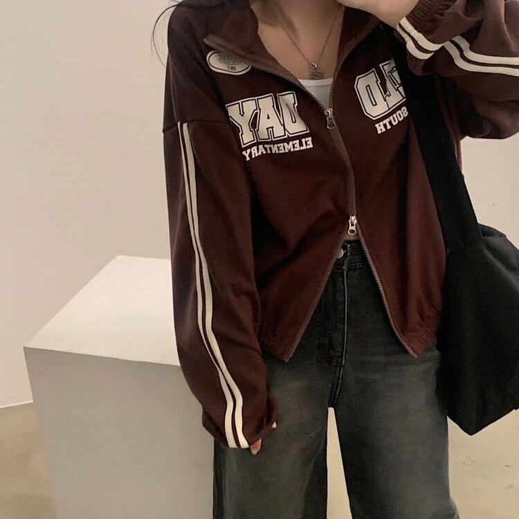 필드 라인 배색 투웨이 카라 레터링 집업점퍼 4color 브라운