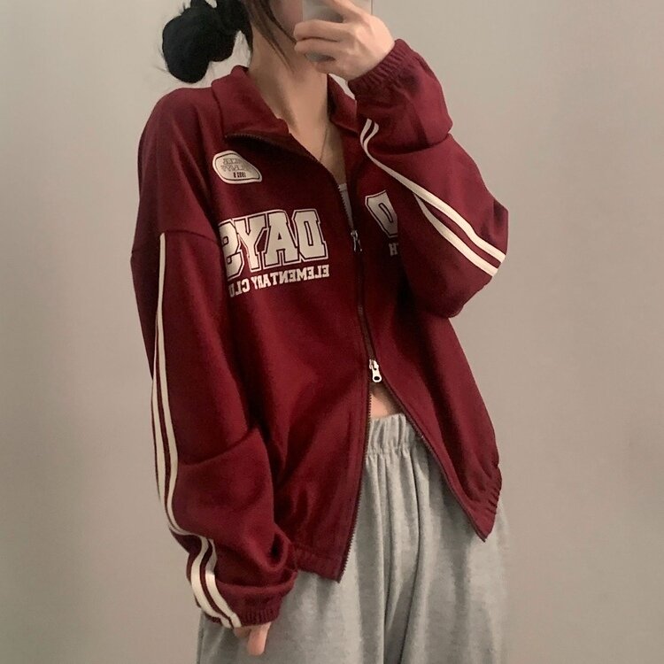 필드 라인 배색 투웨이 카라 레터링 집업점퍼 4color 버건디