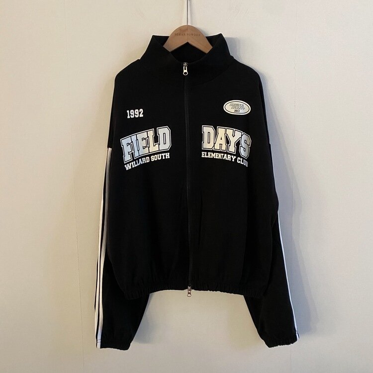 필드 라인 배색 투웨이 카라 레터링 집업점퍼 4color