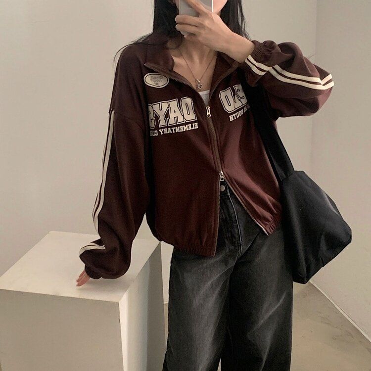 レタリングカジュアルダブルジップアップ BROWN