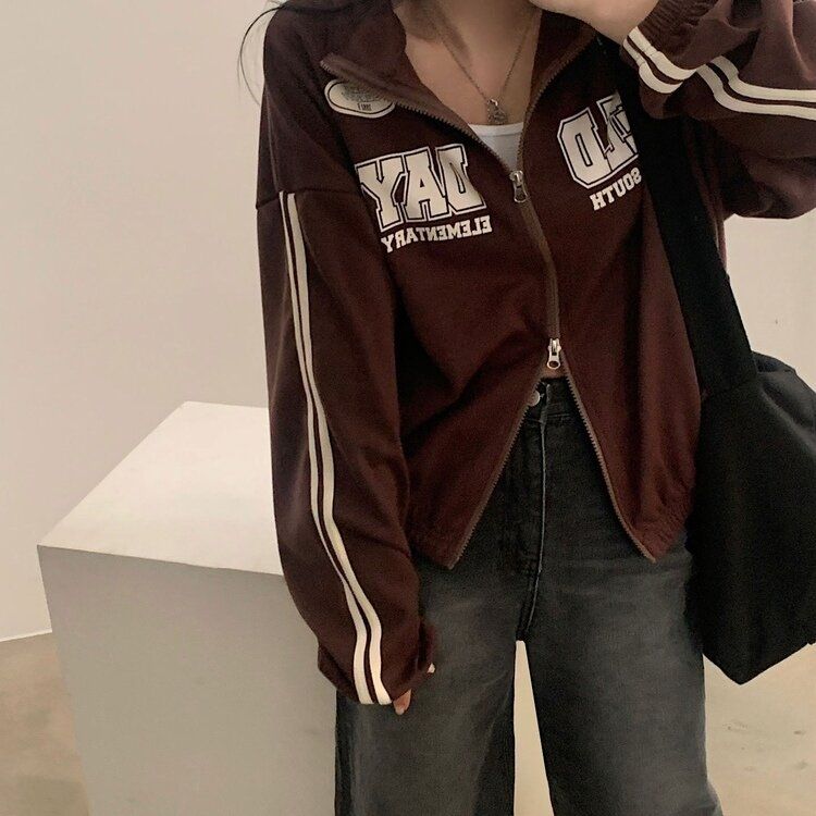 レタリングカジュアルダブルジップアップ BROWN