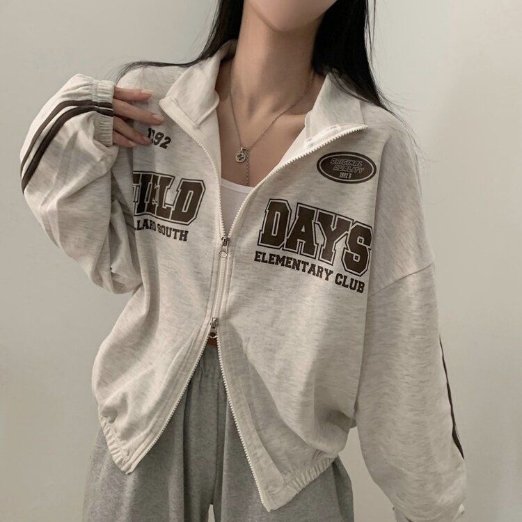 レタリングカジュアルダブルジップアップ MELANGE WHITE