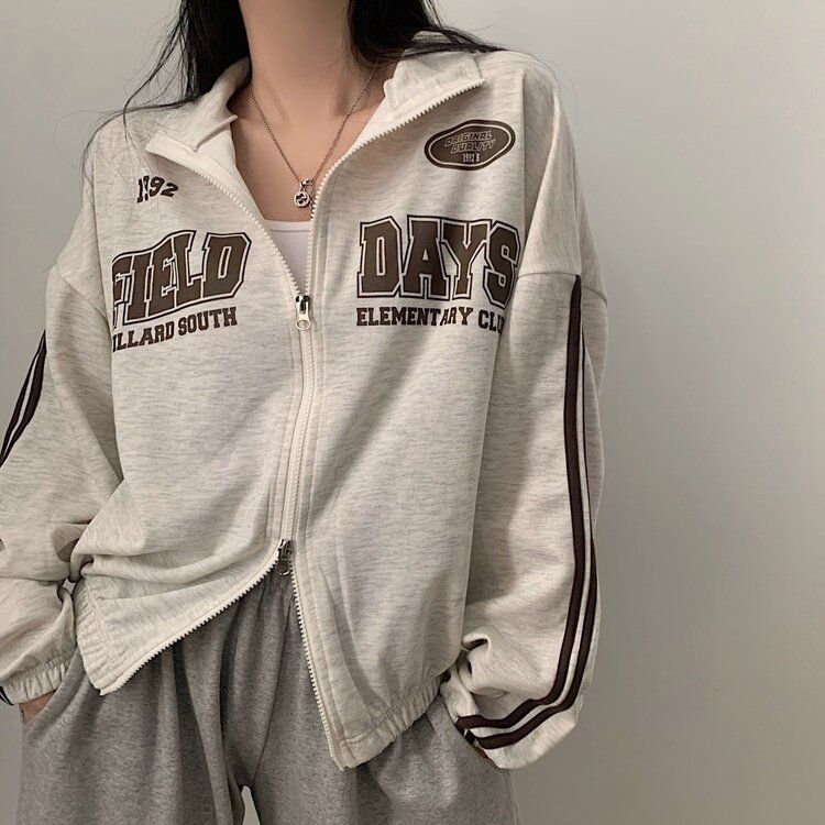 レタリングカジュアルダブルジップアップ MELANGE WHITE