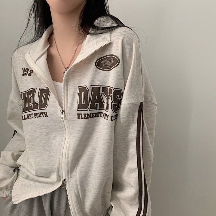 レタリングカジュアルダブルジップアップ MELANGE WHITE