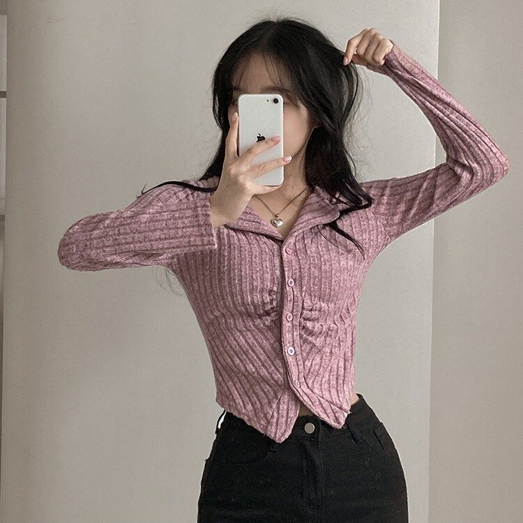 티스푼 부드러운 셔링 골지 카라 니트 가디건 다크핑크