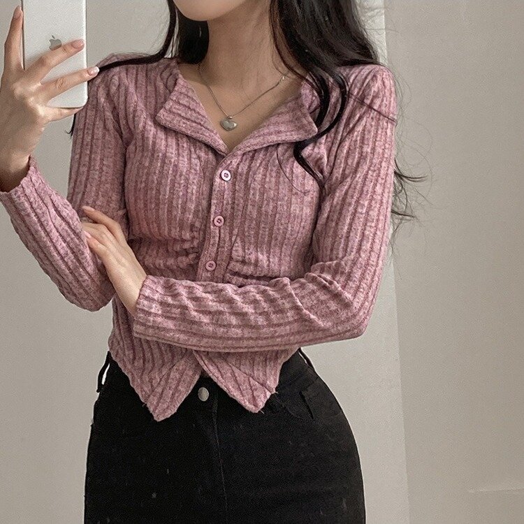 티스푼 부드러운 셔링 골지 카라 니트 가디건 다크핑크