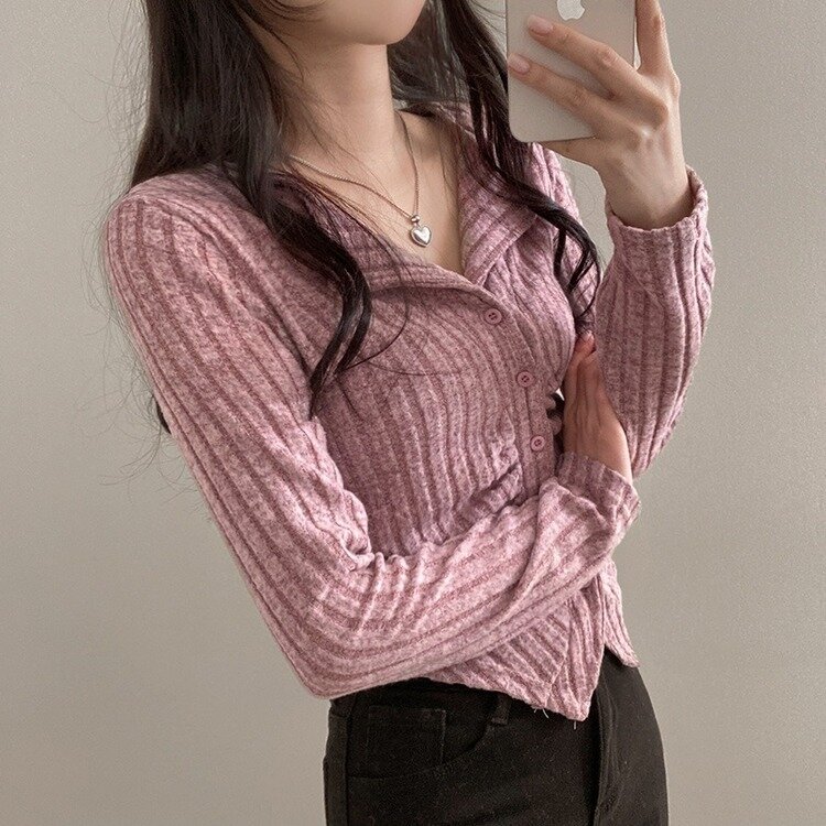 티스푼 부드러운 셔링 골지 카라 니트 가디건 다크핑크