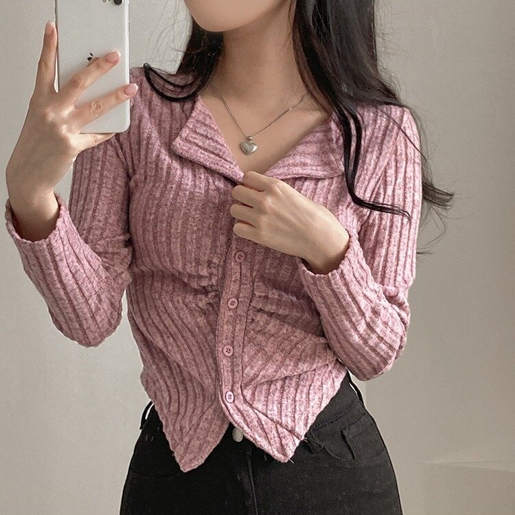 티스푼 부드러운 셔링 골지 카라 니트 가디건 다크핑크