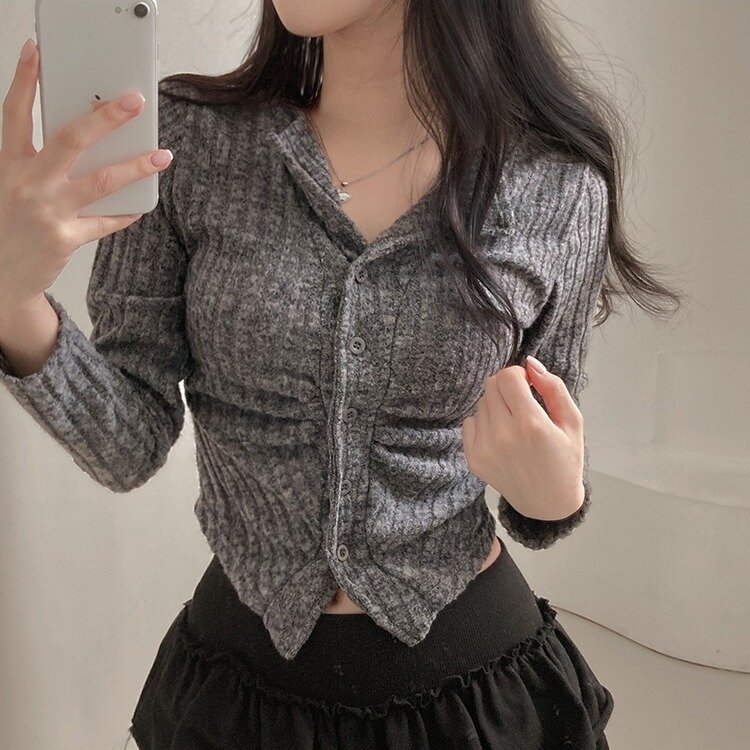 티스푼 부드러운 셔링 골지 카라 니트 가디건 진그레이
