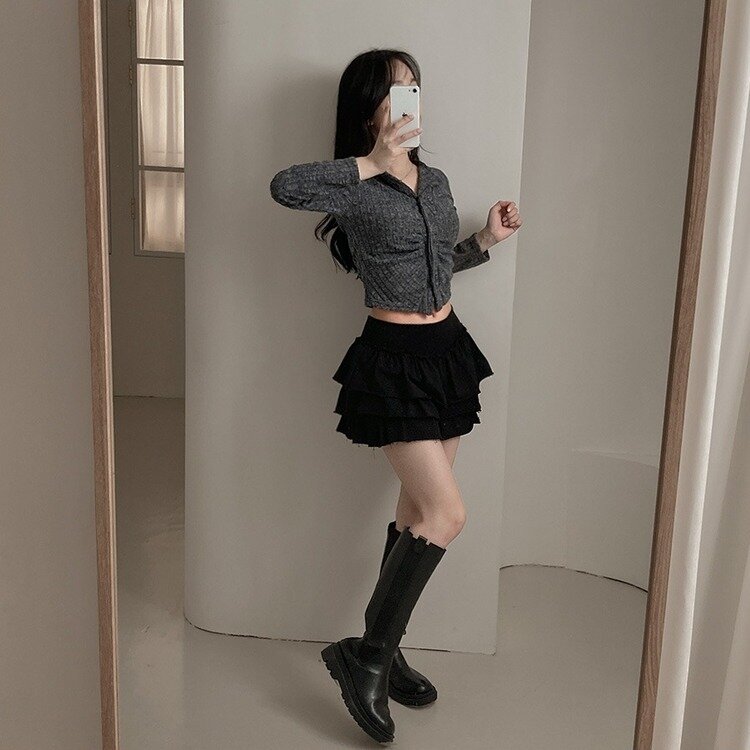 티스푼 부드러운 셔링 골지 카라 니트 가디건 진그레이