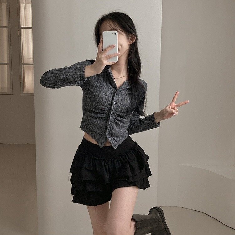 티스푼 부드러운 셔링 골지 카라 니트 가디건 진그레이