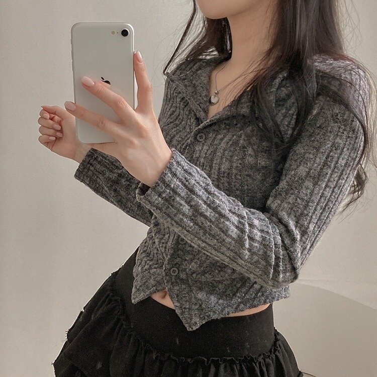 티스푼 부드러운 셔링 골지 카라 니트 가디건 진그레이