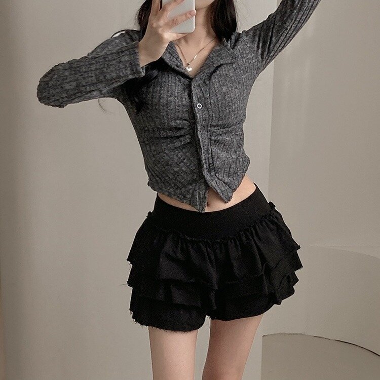 티스푼 부드러운 셔링 골지 카라 니트 가디건 진그레이