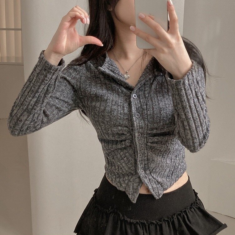 티스푼 부드러운 셔링 골지 카라 니트 가디건 진그레이