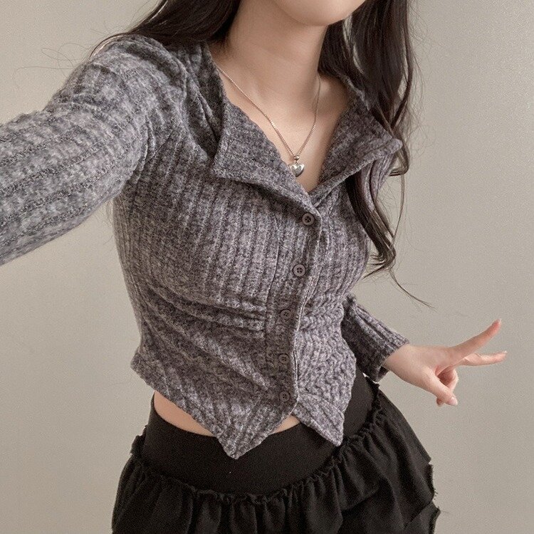 티스푼 부드러운 셔링 골지 카라 니트 가디건 진그레이