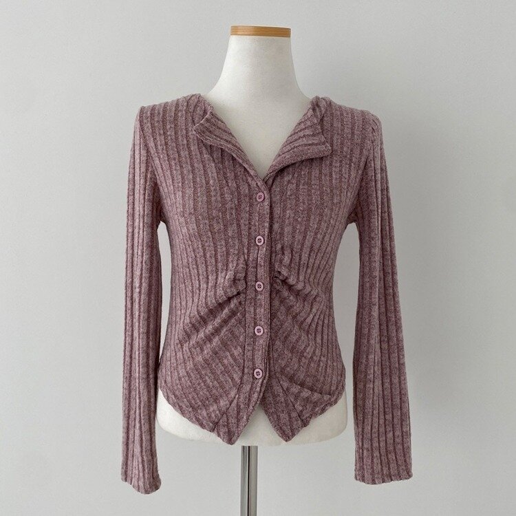 티스푼 부드러운 셔링 골지 카라 니트 가디건