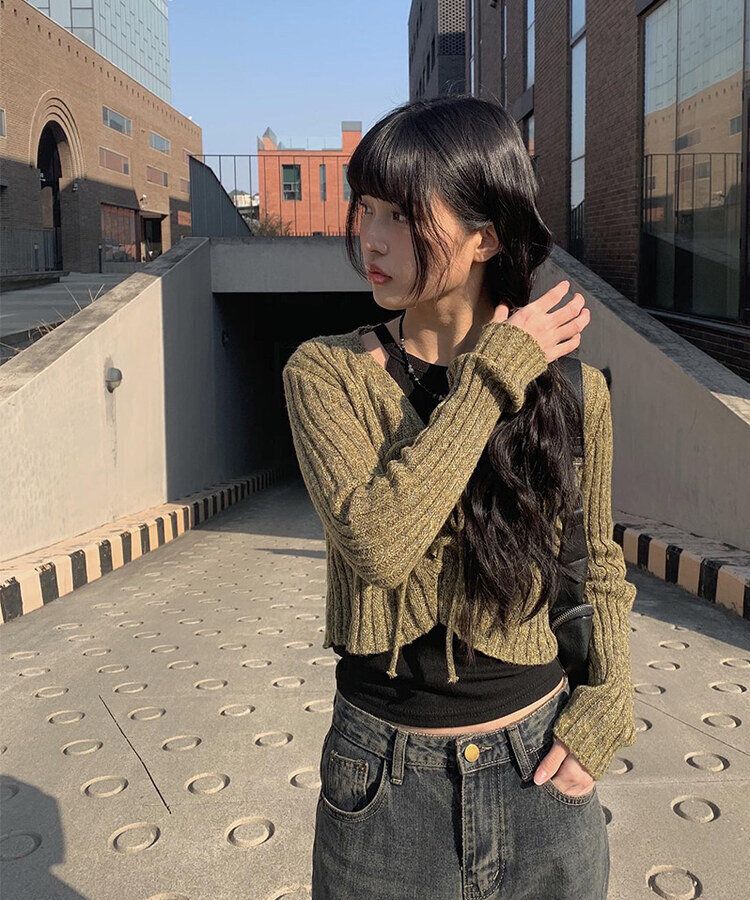 リボン♡プロフ必読♡ リボンクロップリブボレロ｜カーディガン｜韓国ファッション通販