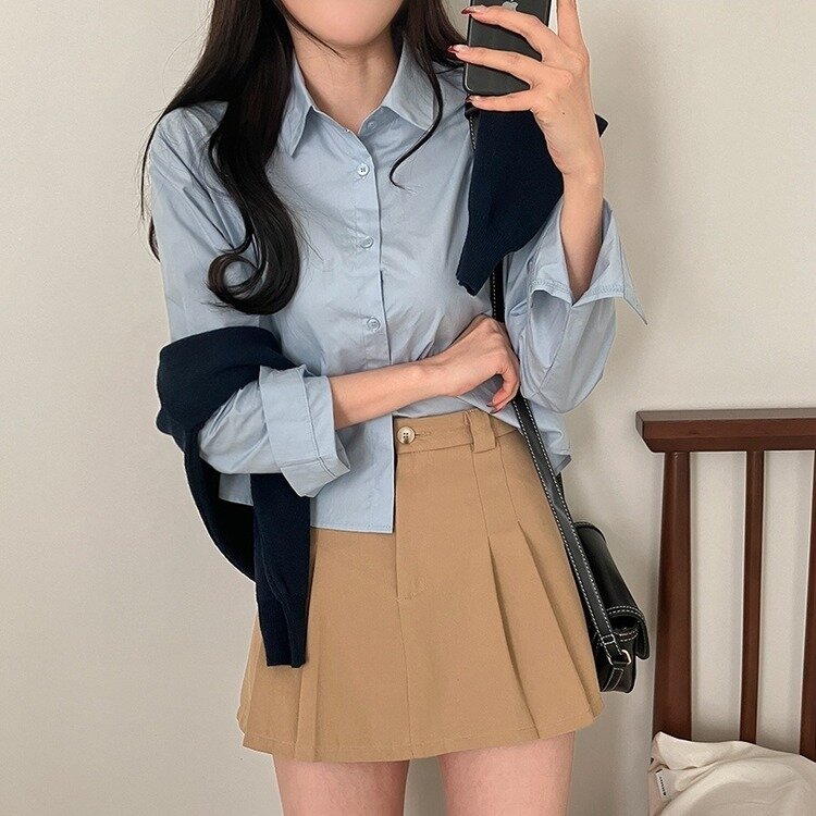 셔츠정석 베이직 코튼 무지 긴팔 크롭 셔츠 남방 소라