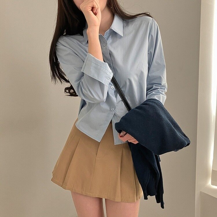 셔츠정석 베이직 코튼 무지 긴팔 크롭 셔츠 남방 소라