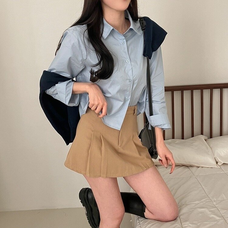 셔츠정석 베이직 코튼 무지 긴팔 크롭 셔츠 남방 소라