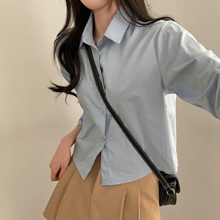 셔츠정석 베이직 코튼 무지 긴팔 크롭 셔츠 남방 소라