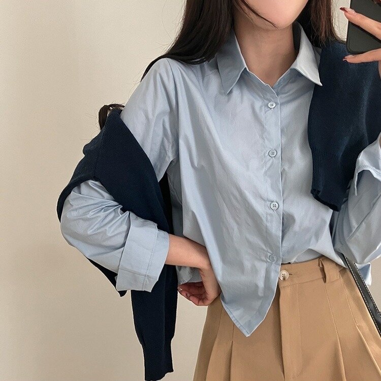 셔츠정석 베이직 코튼 무지 긴팔 크롭 셔츠 남방 소라