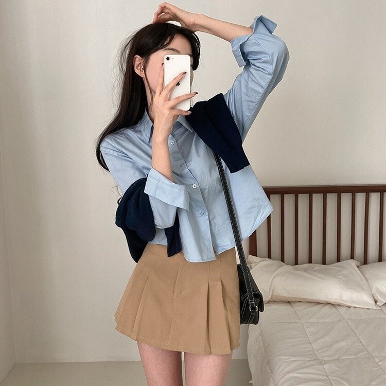 셔츠정석 베이직 코튼 무지 긴팔 크롭 셔츠 남방 소라