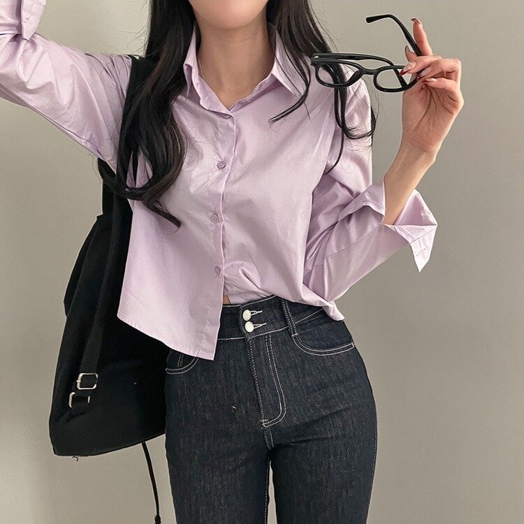 셔츠정석 베이직 코튼 무지 긴팔 크롭 셔츠 남방 연보라