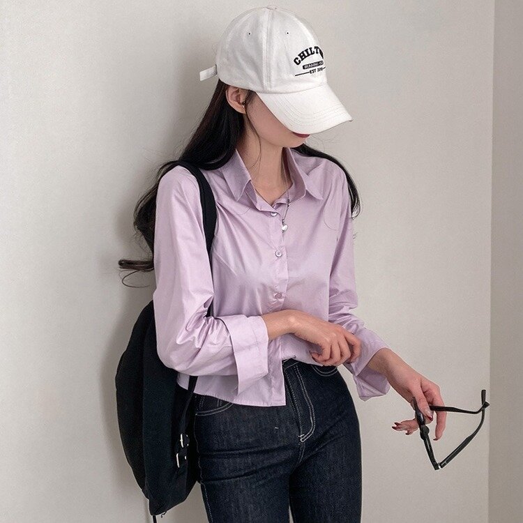 셔츠정석 베이직 코튼 무지 긴팔 크롭 셔츠 남방 연보라