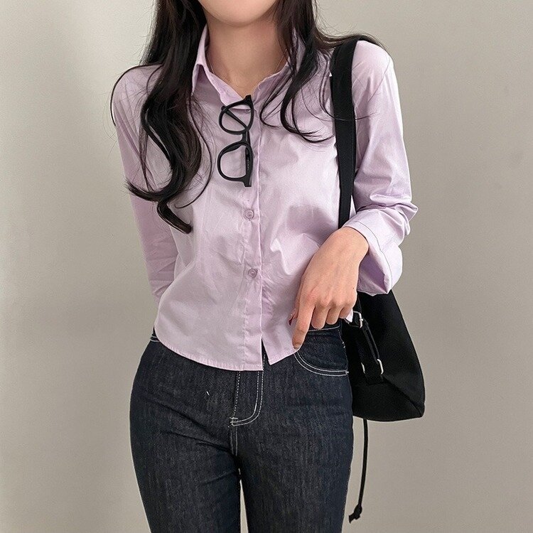 셔츠정석 베이직 코튼 무지 긴팔 크롭 셔츠 남방 연보라