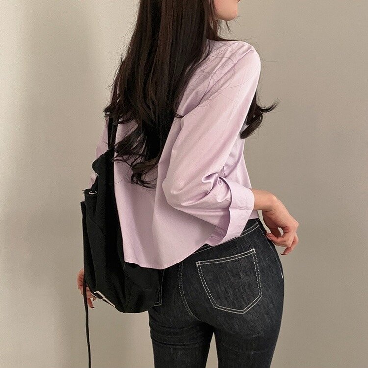 셔츠정석 베이직 코튼 무지 긴팔 크롭 셔츠 남방 연보라