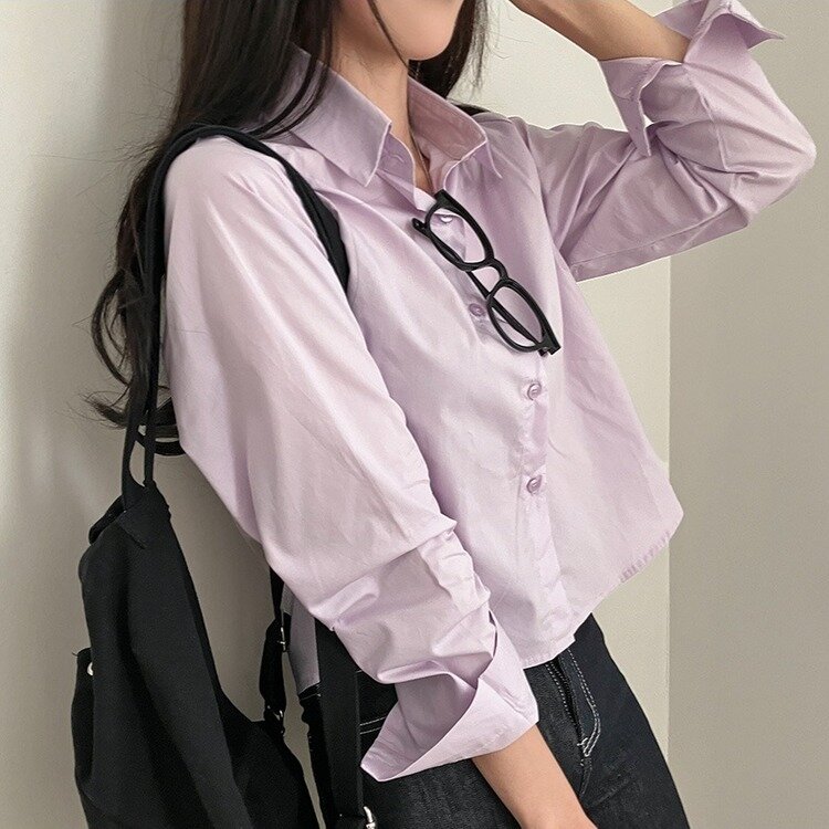 셔츠정석 베이직 코튼 무지 긴팔 크롭 셔츠 남방 연보라