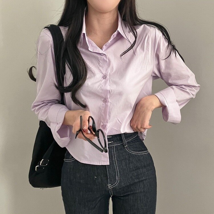 셔츠정석 베이직 코튼 무지 긴팔 크롭 셔츠 남방 연보라