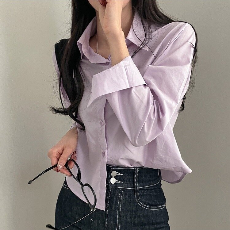 셔츠정석 베이직 코튼 무지 긴팔 크롭 셔츠 남방 연보라