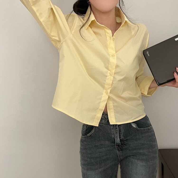 셔츠정석 베이직 코튼 무지 긴팔 크롭 셔츠 남방 옐로우