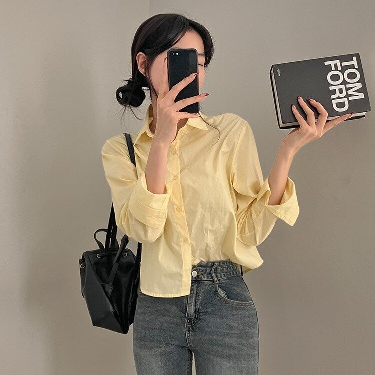 셔츠정석 베이직 코튼 무지 긴팔 크롭 셔츠 남방 옐로우