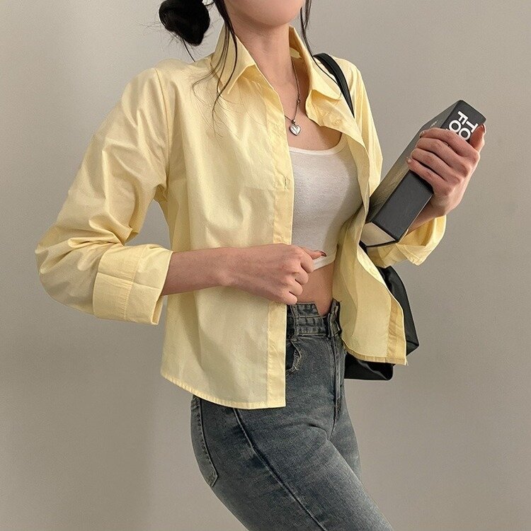 셔츠정석 베이직 코튼 무지 긴팔 크롭 셔츠 남방 옐로우