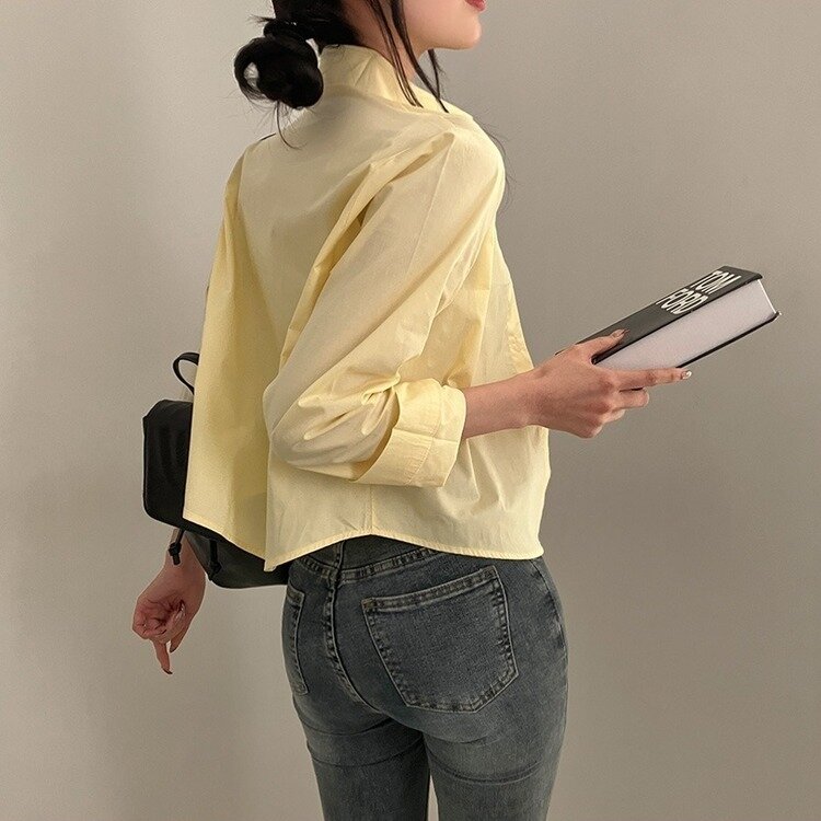 셔츠정석 베이직 코튼 무지 긴팔 크롭 셔츠 남방 옐로우