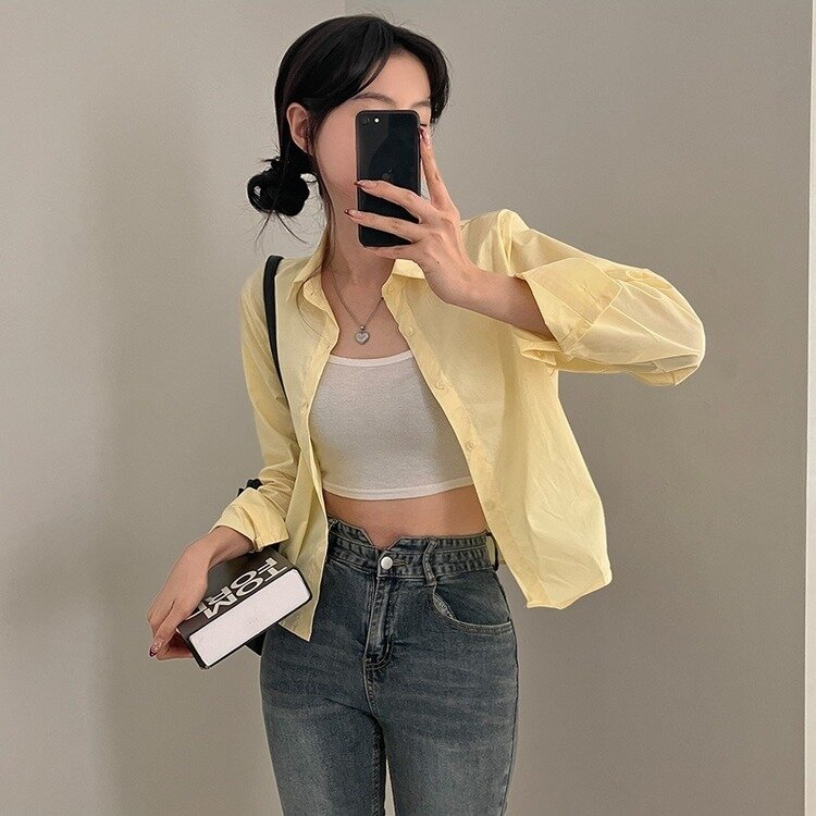 셔츠정석 베이직 코튼 무지 긴팔 크롭 셔츠 남방 옐로우