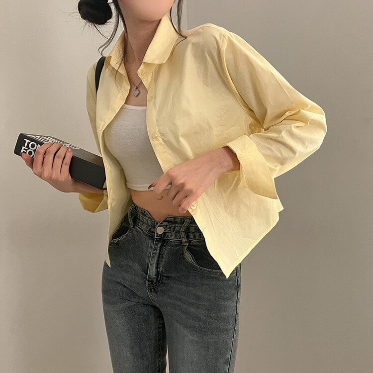 셔츠정석 베이직 코튼 무지 긴팔 크롭 셔츠 남방 옐로우