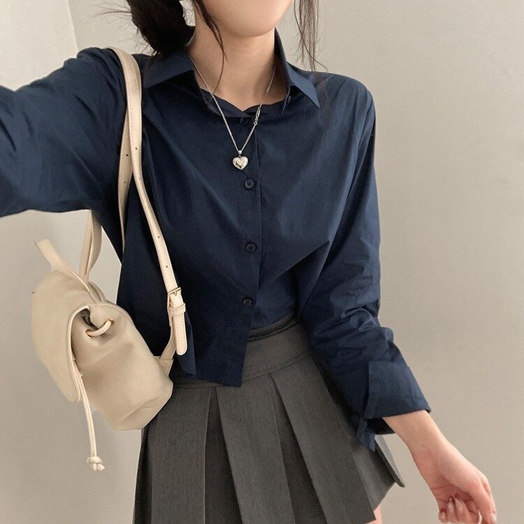 셔츠정석 베이직 코튼 무지 긴팔 크롭 셔츠 남방 네이비