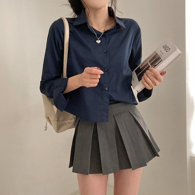 셔츠정석 베이직 코튼 무지 긴팔 크롭 셔츠 남방 네이비