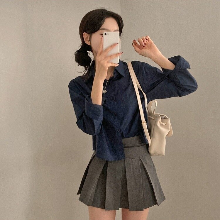 셔츠정석 베이직 코튼 무지 긴팔 크롭 셔츠 남방 네이비