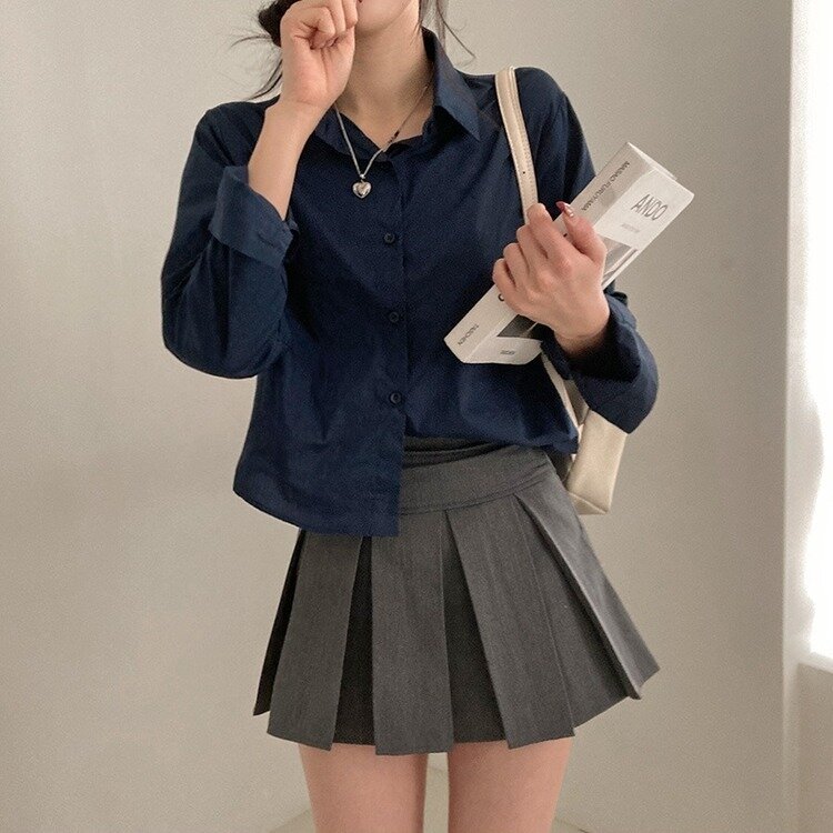 셔츠정석 베이직 코튼 무지 긴팔 크롭 셔츠 남방 네이비