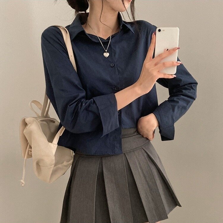 셔츠정석 베이직 코튼 무지 긴팔 크롭 셔츠 남방 네이비