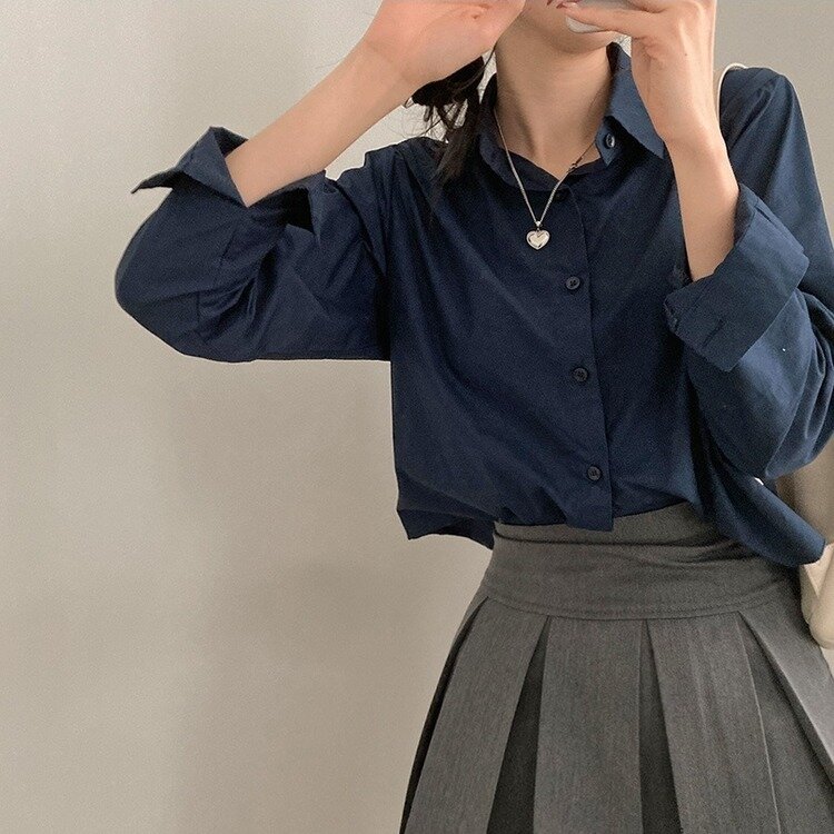 셔츠정석 베이직 코튼 무지 긴팔 크롭 셔츠 남방 네이비